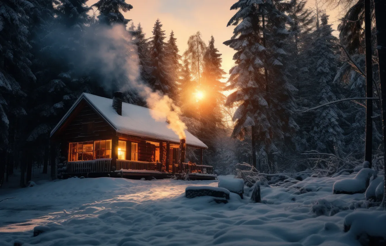 Фото обои зима, лес, снег, дом, Рождество, Новый год, домик, хижина