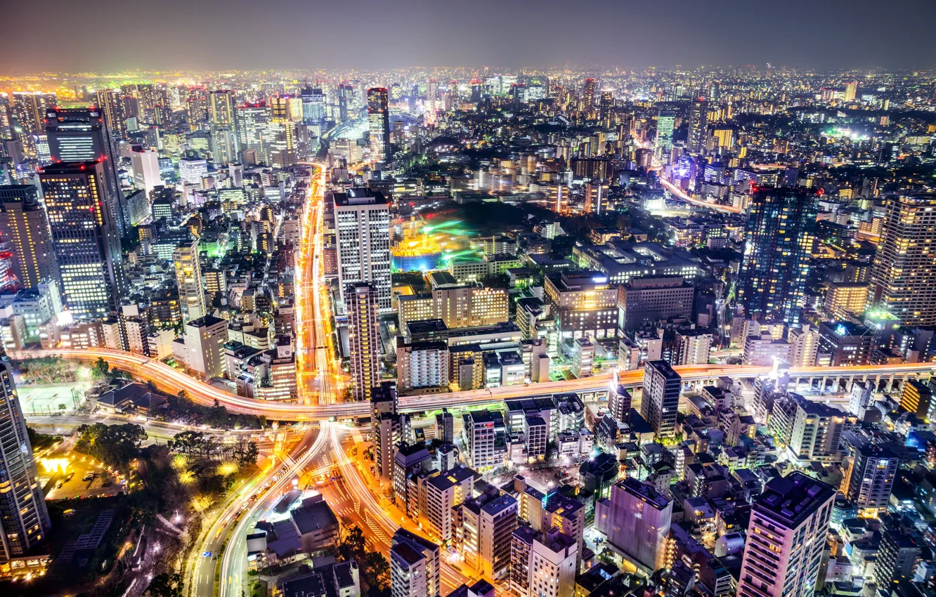 Фото обои ночь, огни, яркие, дороги, дома, Япония, Токио, панорама