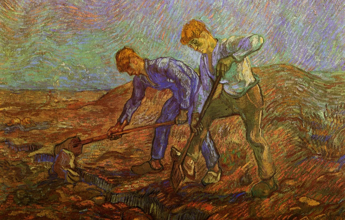 Фото обои лопаты, Винсент ван Гог, работяги, Two Peasants Digging, копают