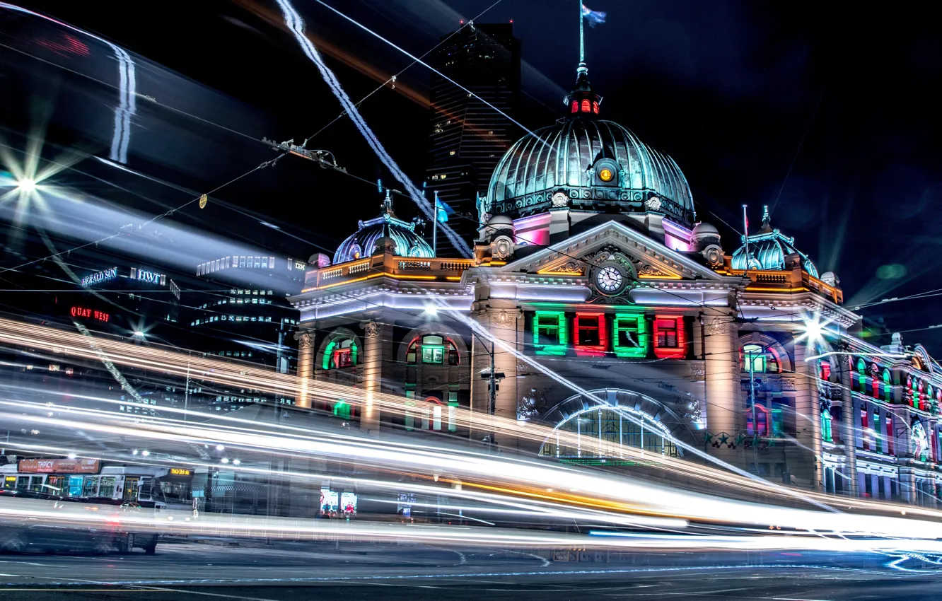 Фото обои city, lights, colorful, night, Melbourne, skyscraper, street, blur