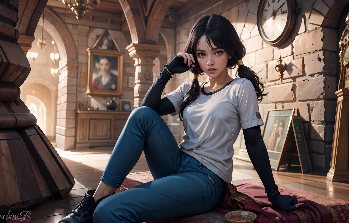 Фото обои девушка, anime, blue eyes, jeans, brunette, anime girls, T-shirt, pigtails