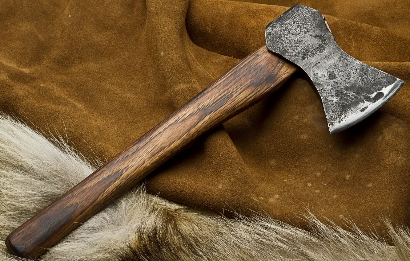 Фото обои axe, metal, wood, decoration, animal skin