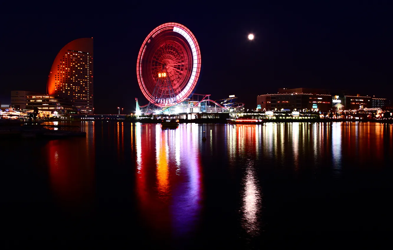 Фото обои город, огни, луна, япония, колесо обозрения, Japan, Йокогама, Yokohama
