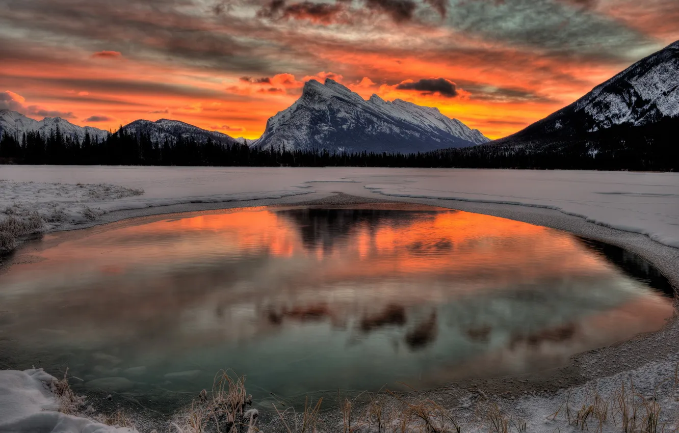 Фото обои пейзаж, закат, горы, озеро