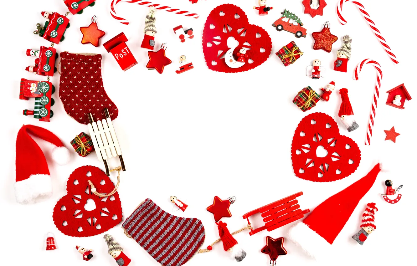 Фото обои зима, белый, фон, праздник, игрушки, Рождество, сердечки, композиция