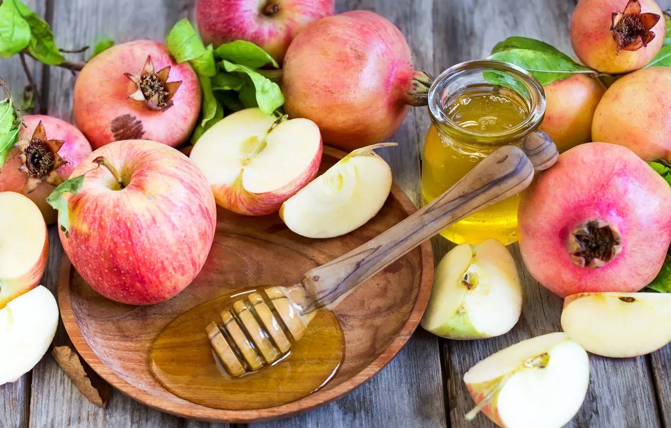 Фото обои яблоки, зерна, мед, банка, фрукты, гранат