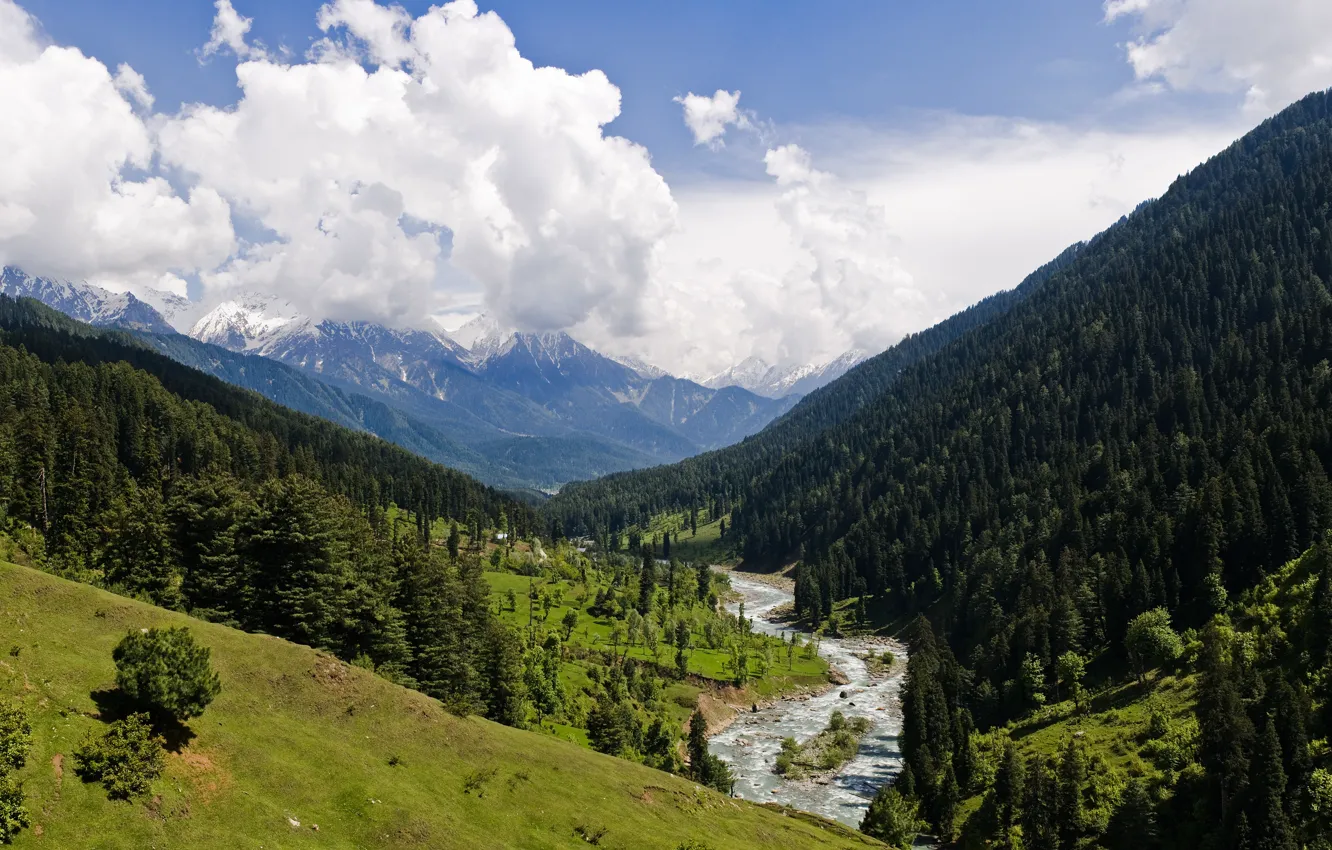 Фото обои горы, река, долина, Индия, pahalgam valley, kashmir