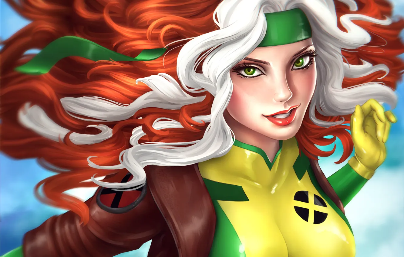 Фото обои взгляд, полет, костюм, зеленые глаза, Rogue, Marvel Comics, шельма, Роуг