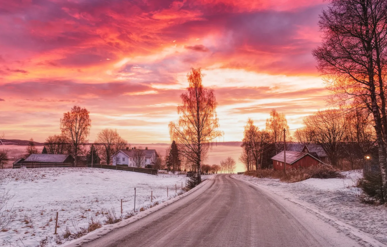 Фото обои зима, дорога, закат, дома, Pink Hour