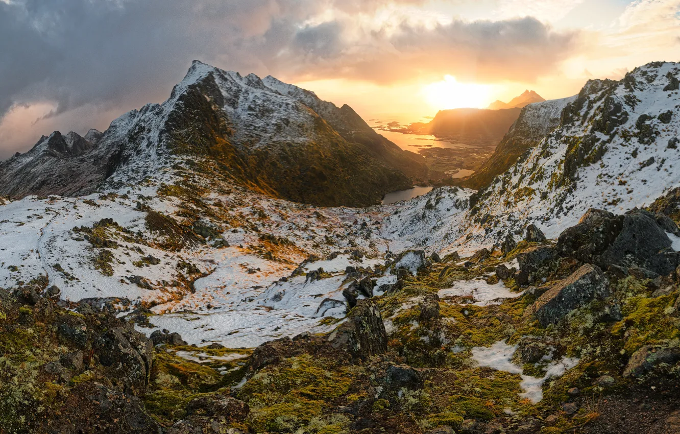 Фото обои рассвет, утро, Норвегия, Lofoten, Justadtinden