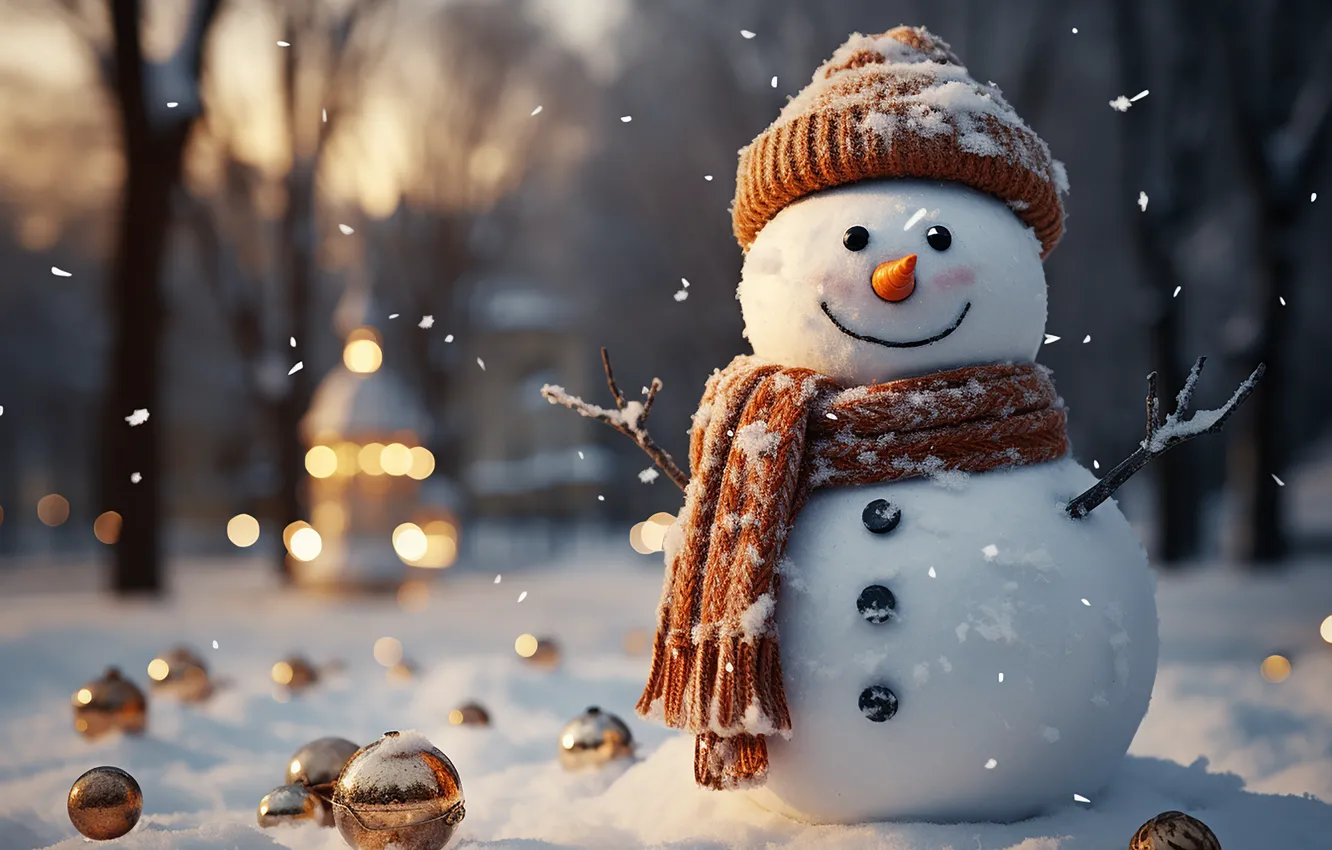 Фото обои зима, снег, Новый Год, Рождество, снеговик, happy, Christmas, night