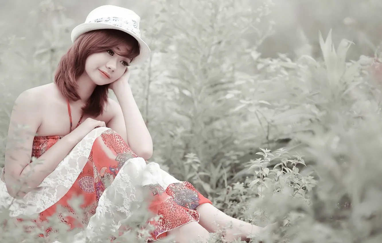 Фото обои девушка, шляпка, азиатка