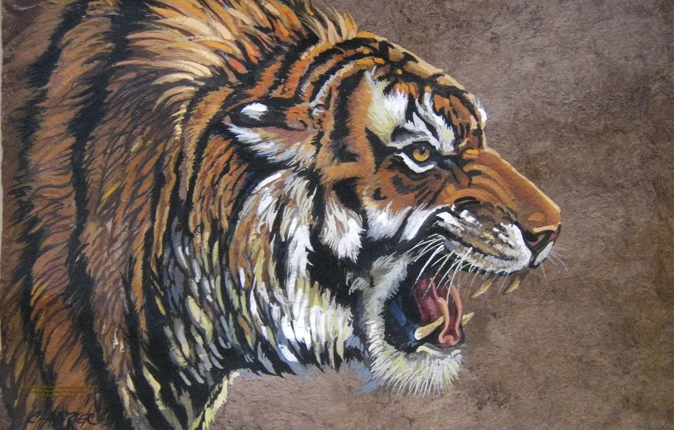 Фото обои тигр, работа, рисунок, зубы, арт, пасть, клыки, живопись