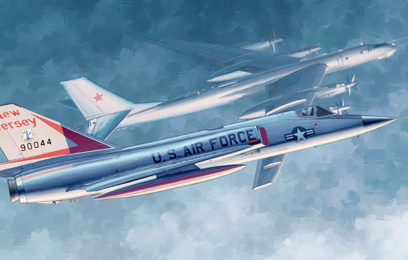 Фото обои ВВС США, Ту-95, американский одноместный, F-106, Delta Dart, Convair, одномоторный сверхзвуковой истребитель-перехватчик, с дельтавидным крылом