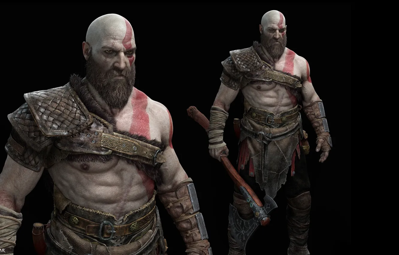 Фото обои axe, god of war, weapon, kratos, man, blade, pose, viking