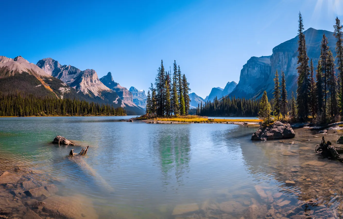 Фото обои горы, озеро, скалы, Канада, Альберта, Jasper National Park, парки, Maligne Lake