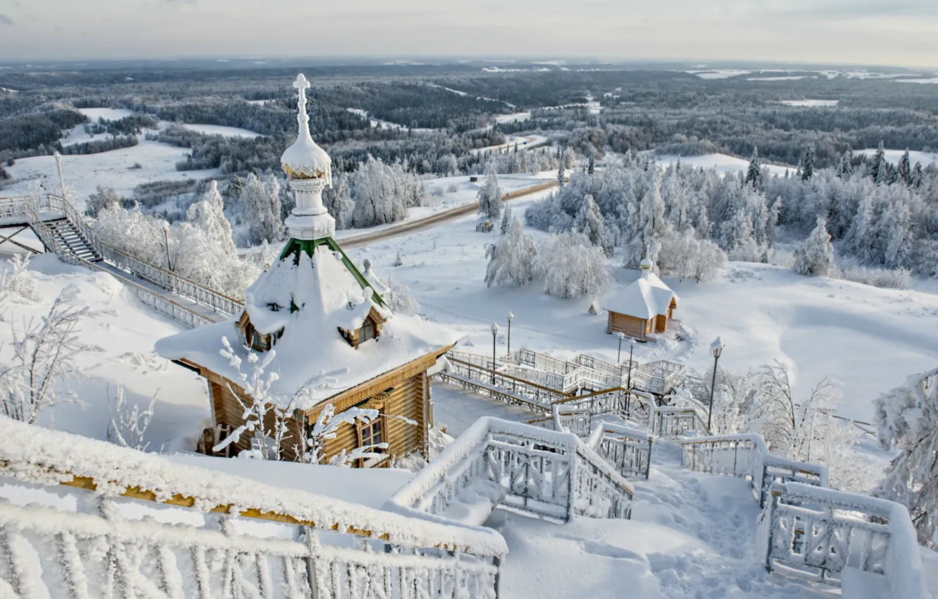 Фото обои зима, вид, лестница, панорама, храм