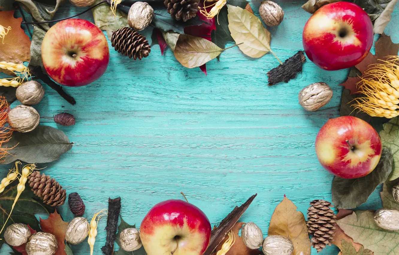 Фото обои осень, листья, фон, дерево, яблоки, colorful, орехи, шишки