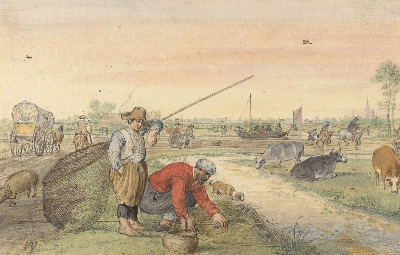 Фото обои рисунок, Хендрик Аверкамп, Hendrick Avercamp, 1595, Рыбаки с сетями вдоль тропинки