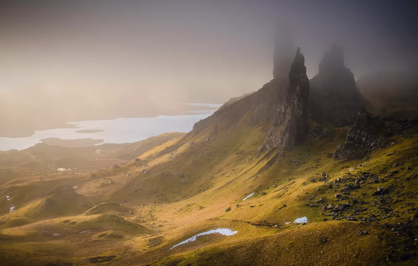 Фото обои горы, туман, камни, скалы, холмы, долина, Шотландия, Великобритания