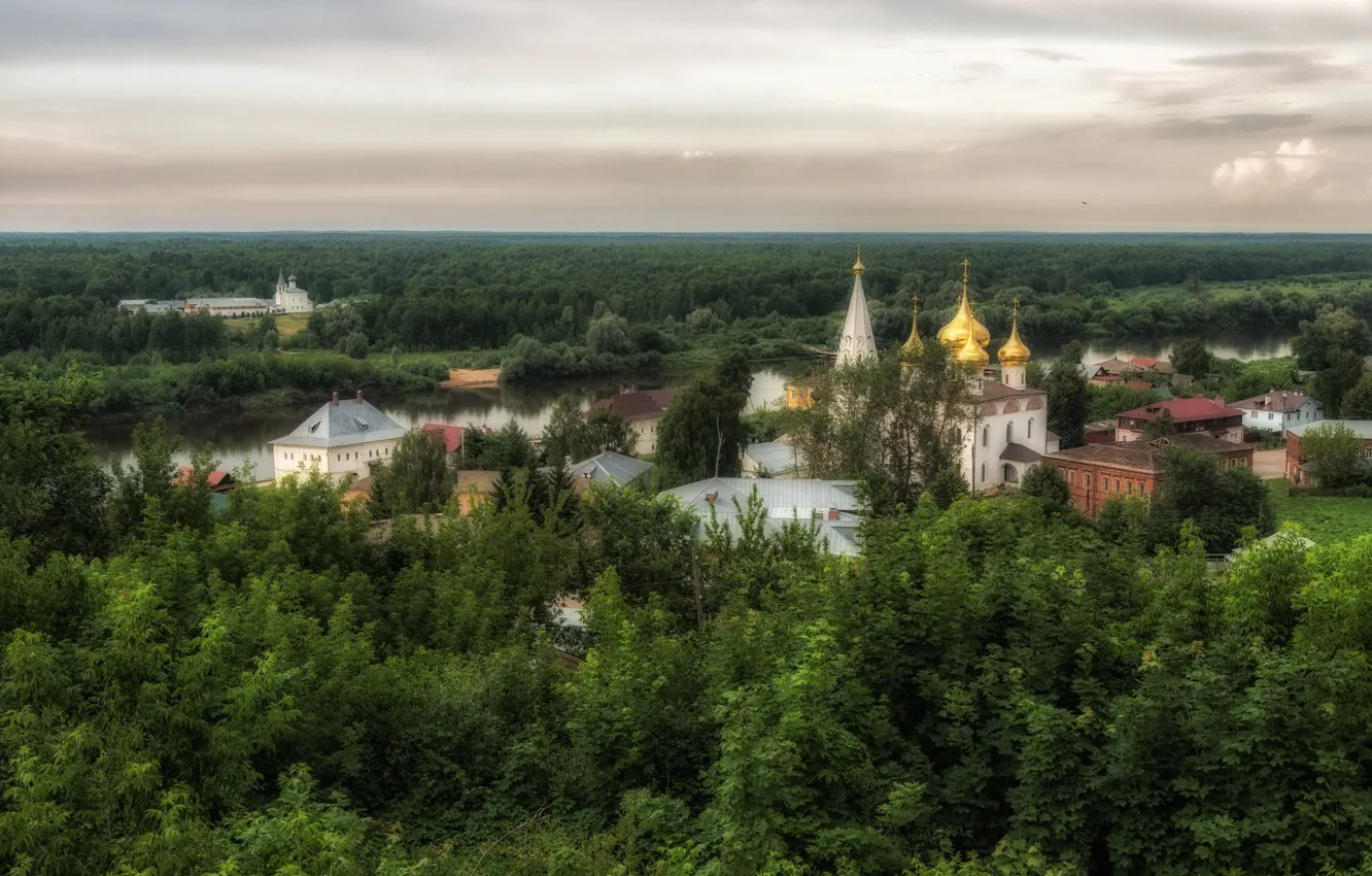 Фото обои пейзаж, природа, город, река, монастырь, Клязьма, Гороховец, Владимир Брагилевский