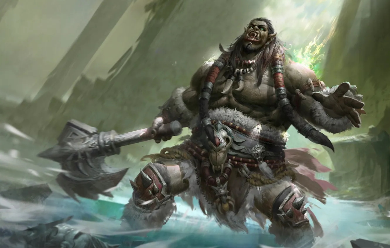 Фото обои green, axe, skull, World of Warcraft, game, Blizzard, fang, warrior