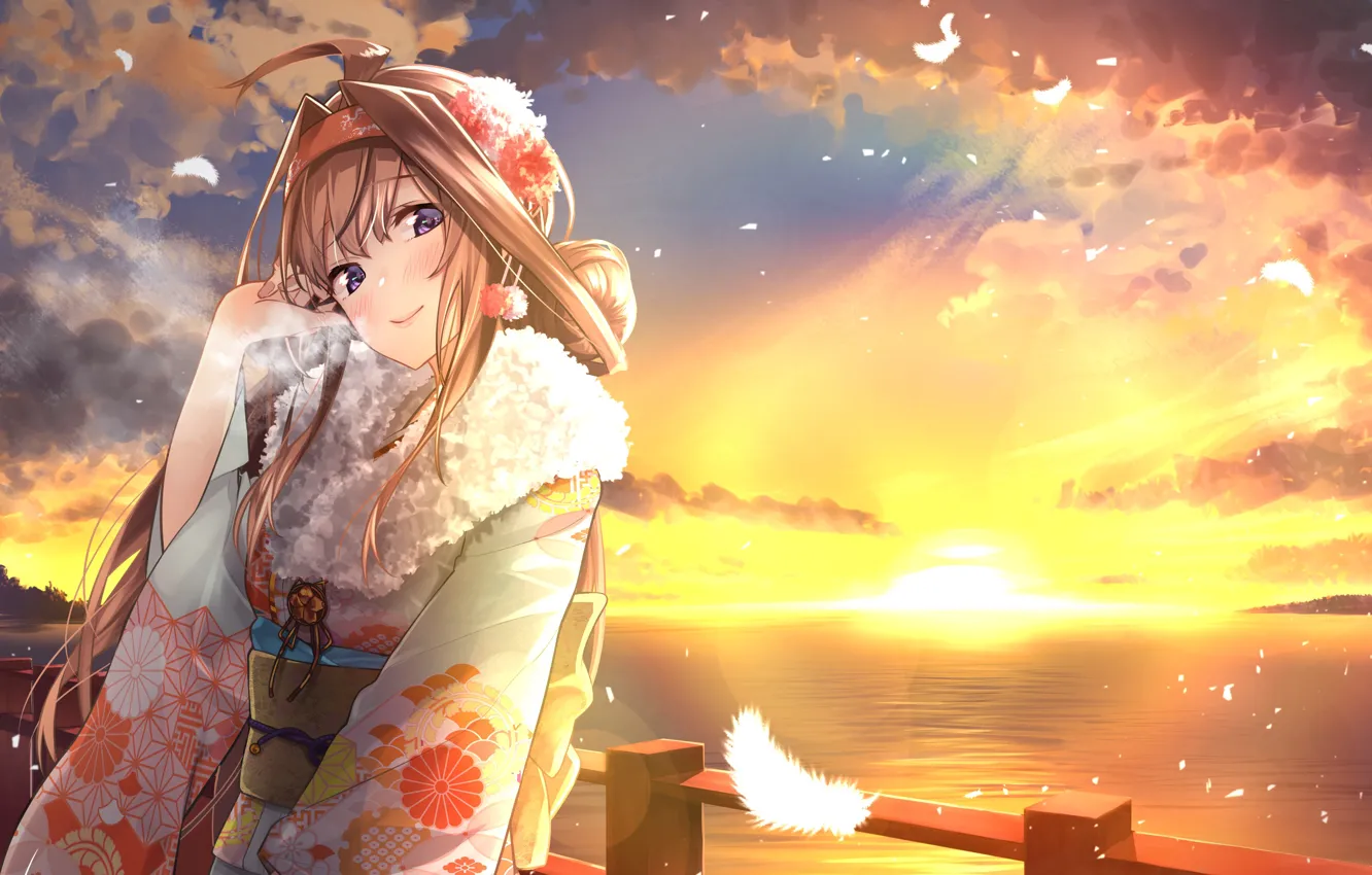 Фото обои море, закат, перья, горизонт, мех, рыжая, кимоно, art