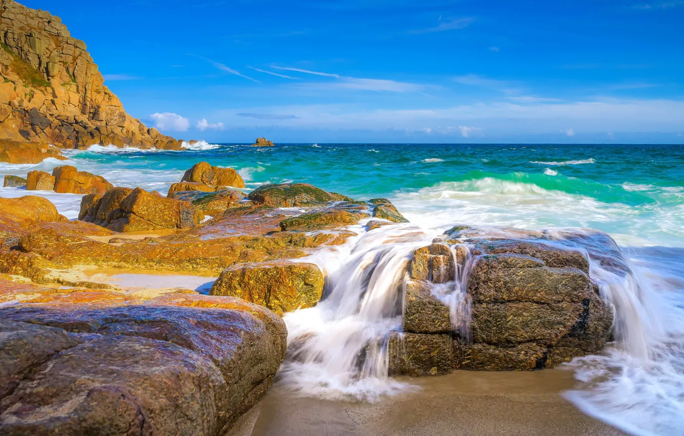 Фото обои камни, океан, скалы, побережье, Англия, England, Корнуолл, Cornwall