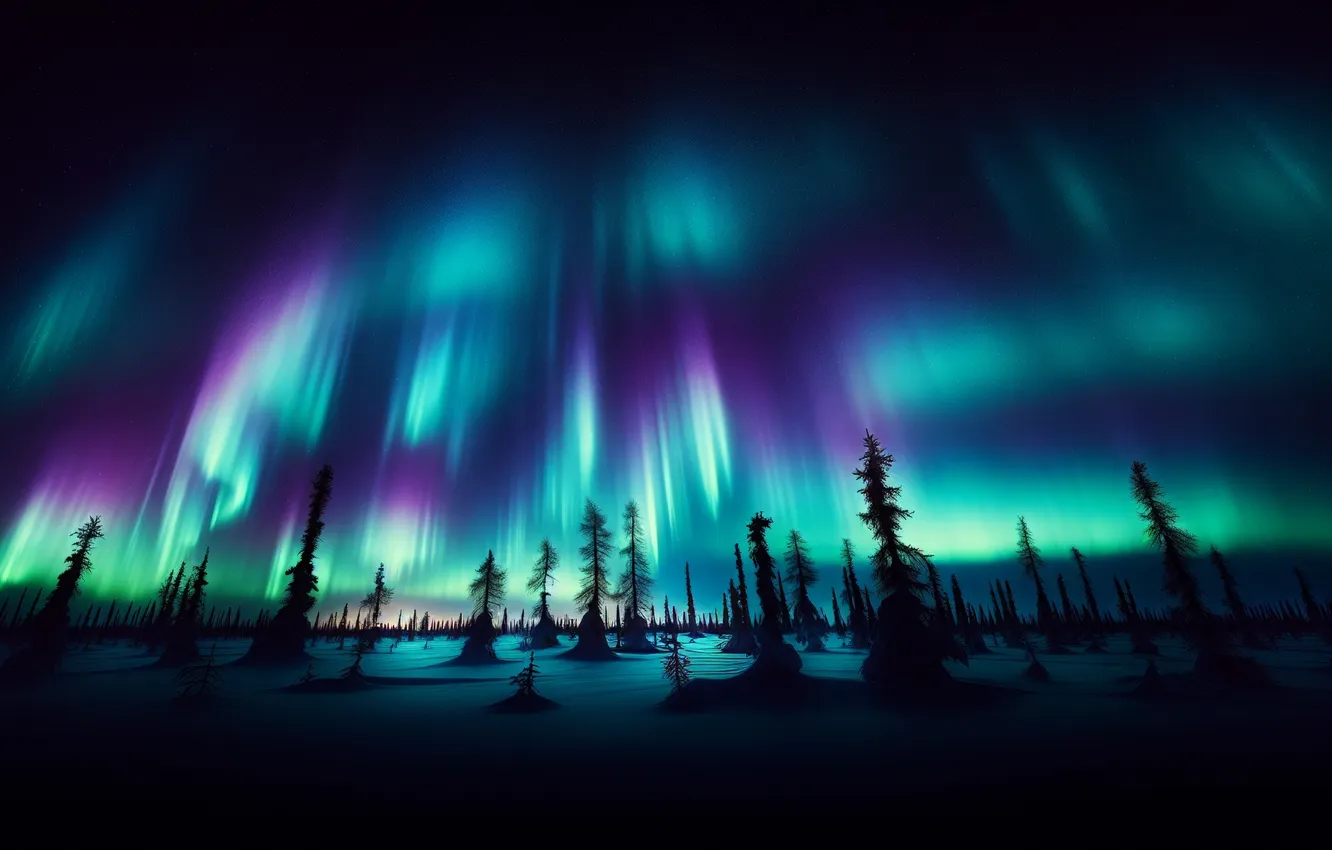 Фото обои aurora, forest, sky, night