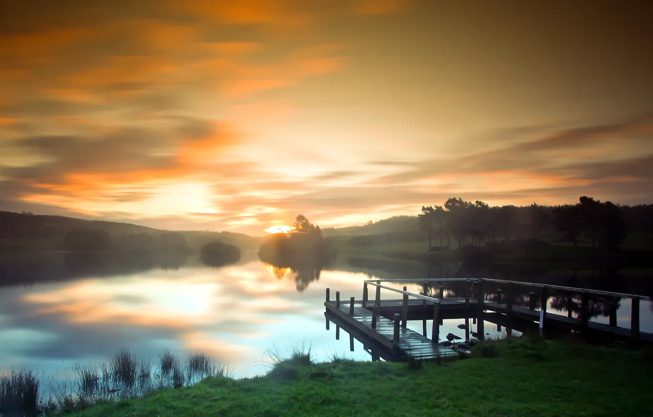 Фото обои пейзаж, закат, мост, озеро