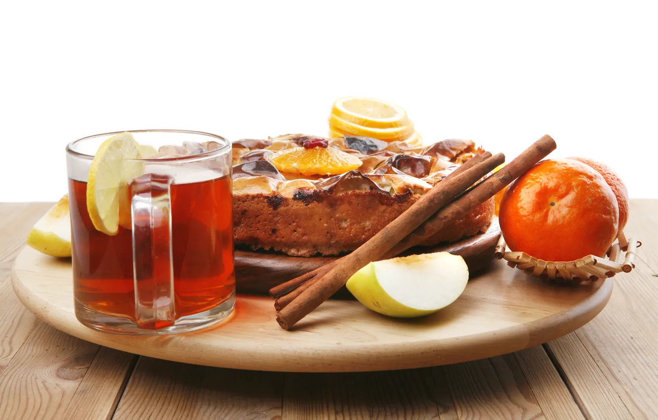 Фото обои чай, яблоко, апельсин, пирог, чашка, корица