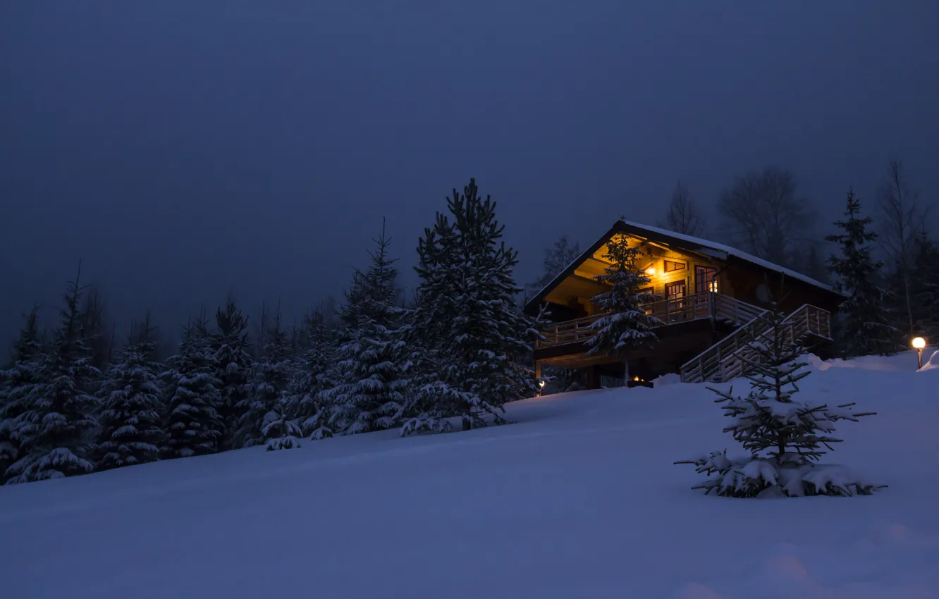 Фото обои зима, лес, снег, деревья, ночь, природа, дом, путешествия