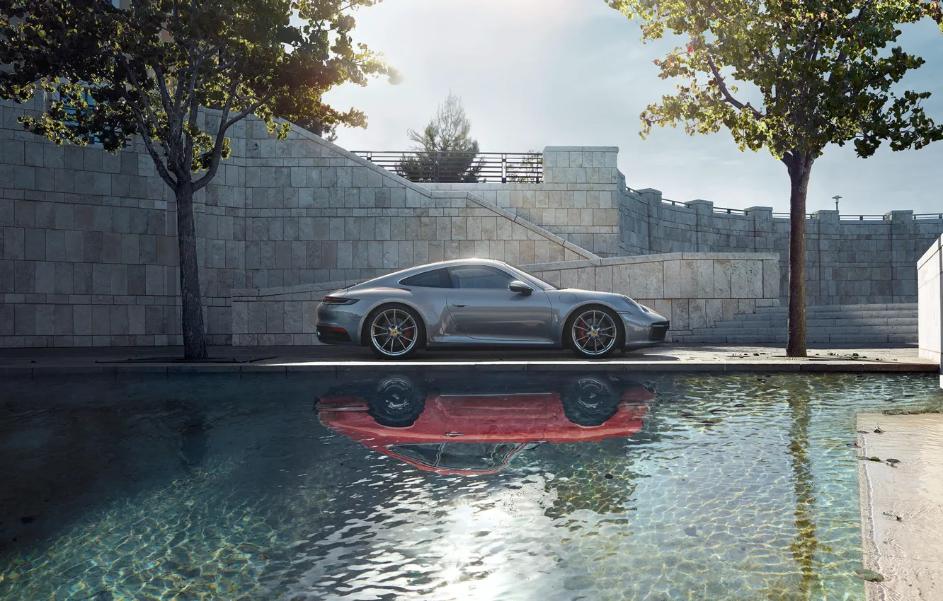 Фото обои машина, вода, стиль, отражение, спортивная, поколения, Porsche 911 Carrera S, 992