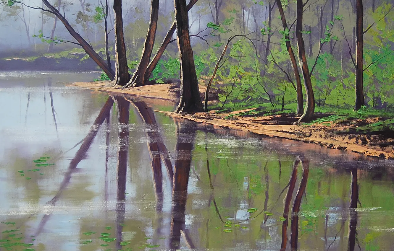 Фото обои лес, река, рисунок, арт, artsaus, riverside trees