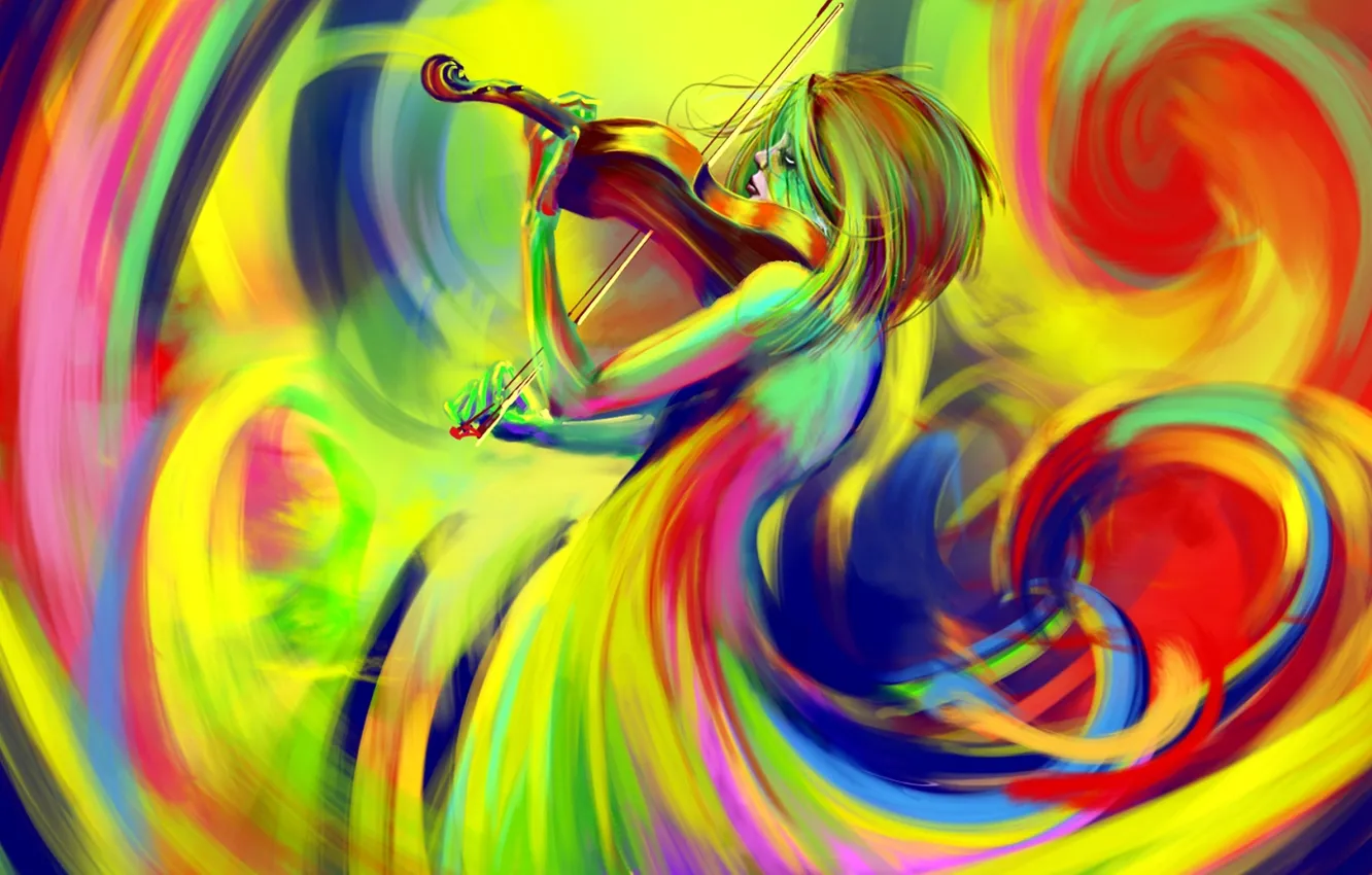 Фото обои цвета, скрипка, рисунок, смычок, радуги