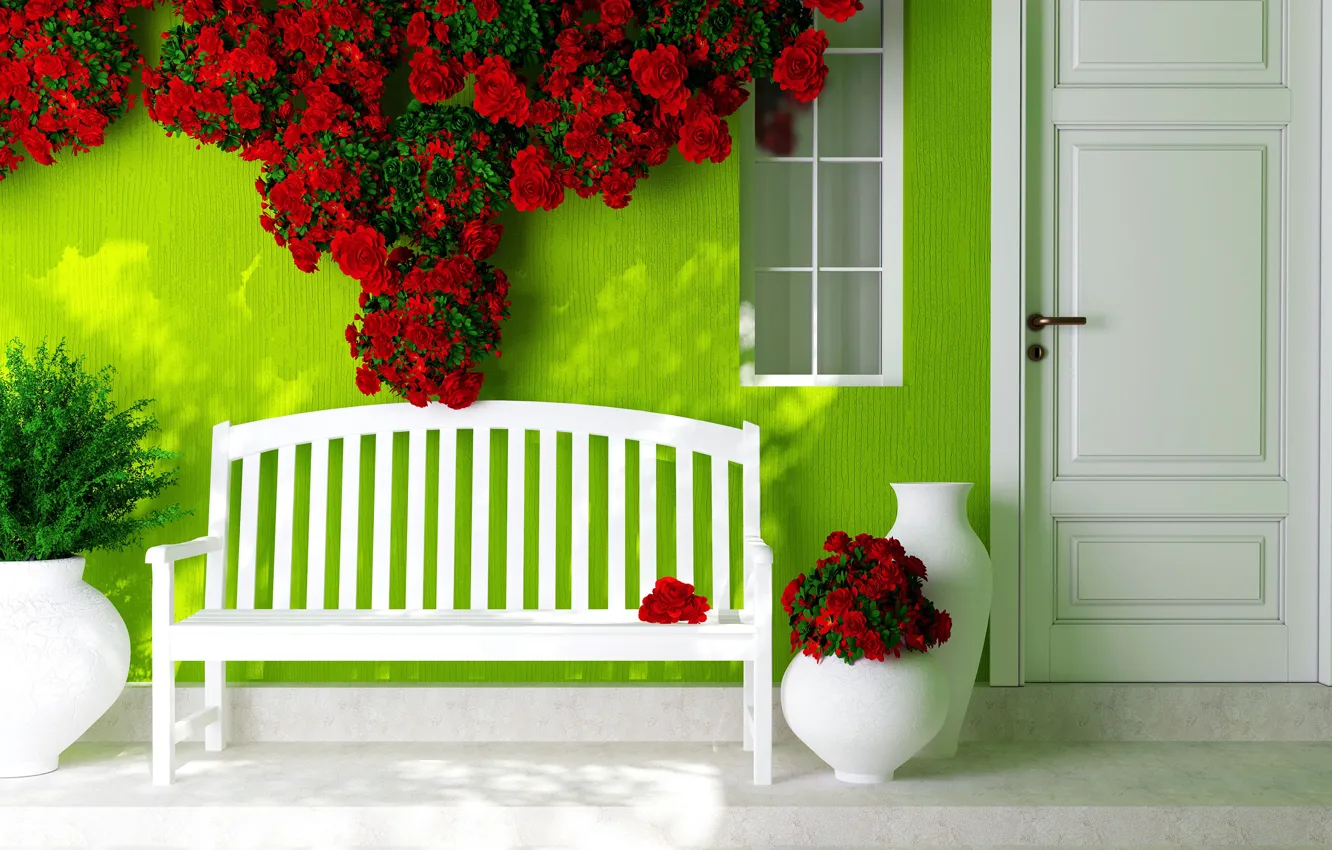 Фото обои скамейка, дом, графика, розы