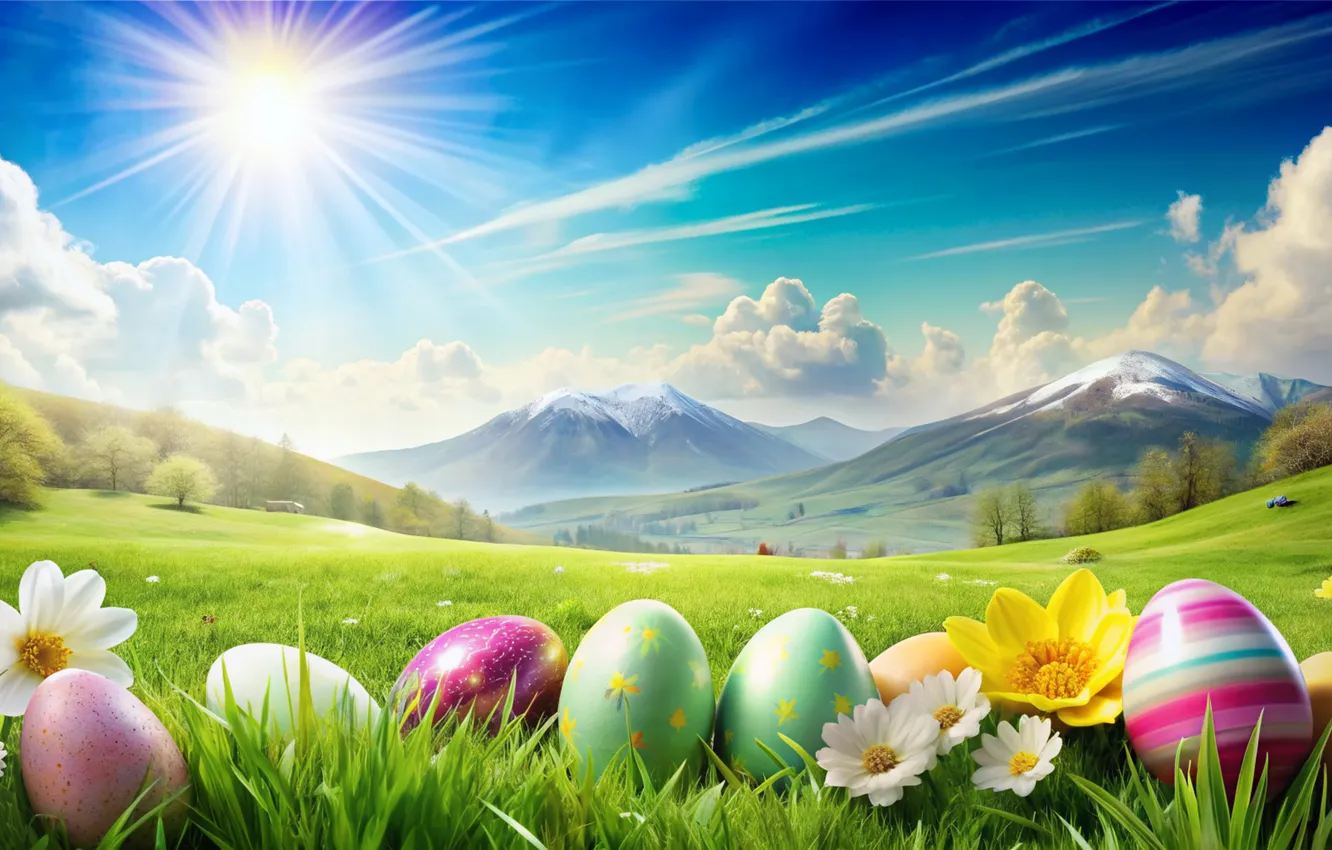 Фото обои цветы, яйца, весна, colorful, Пасха, happy, flowers, spring