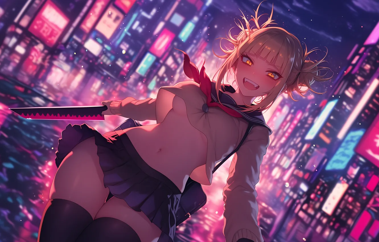 Фото обои аниме, арт, wallpaper, ночной город, neon, night city, himiko, my hero academia
