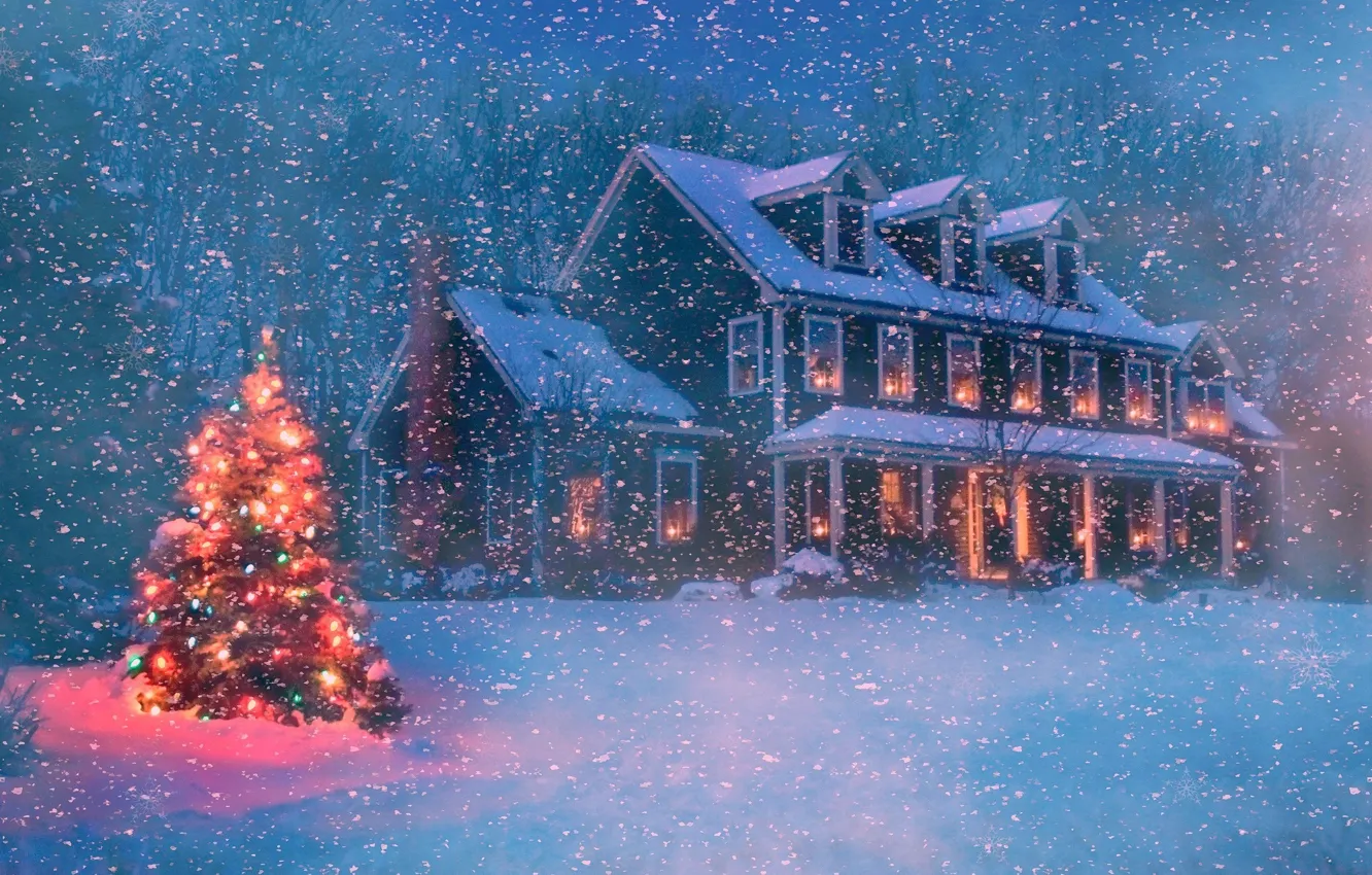 Фото обои зима, лес, снег, деревья, снежинки, ночь, огни, дом