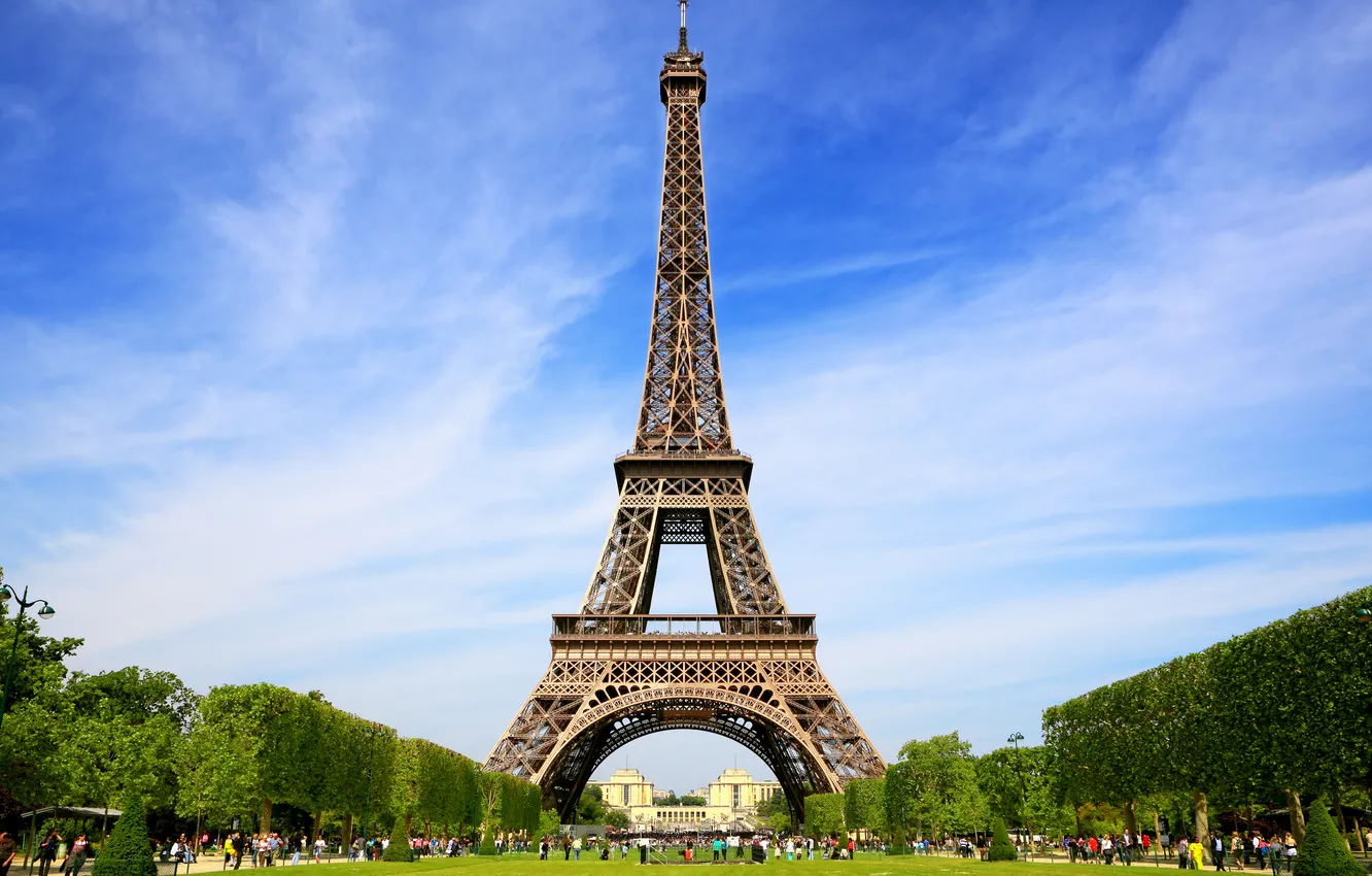 Фото обои небо, люди, газон, Париж, Эйфелева башня, кусты