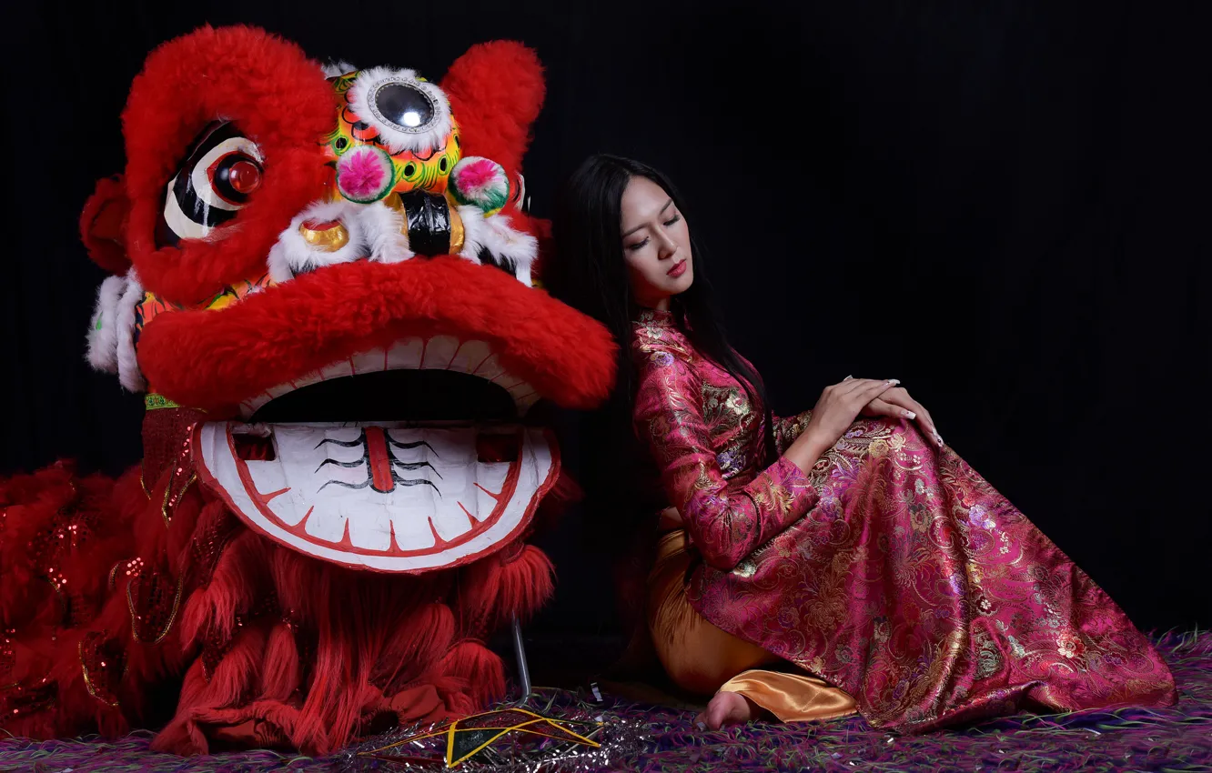 Фото обои девушка, дракон, платье, азиатка