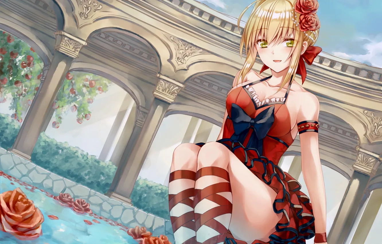 Фото обои girl, pool, Fate/Stay Night, dress, anime, flowers, blonde, bow