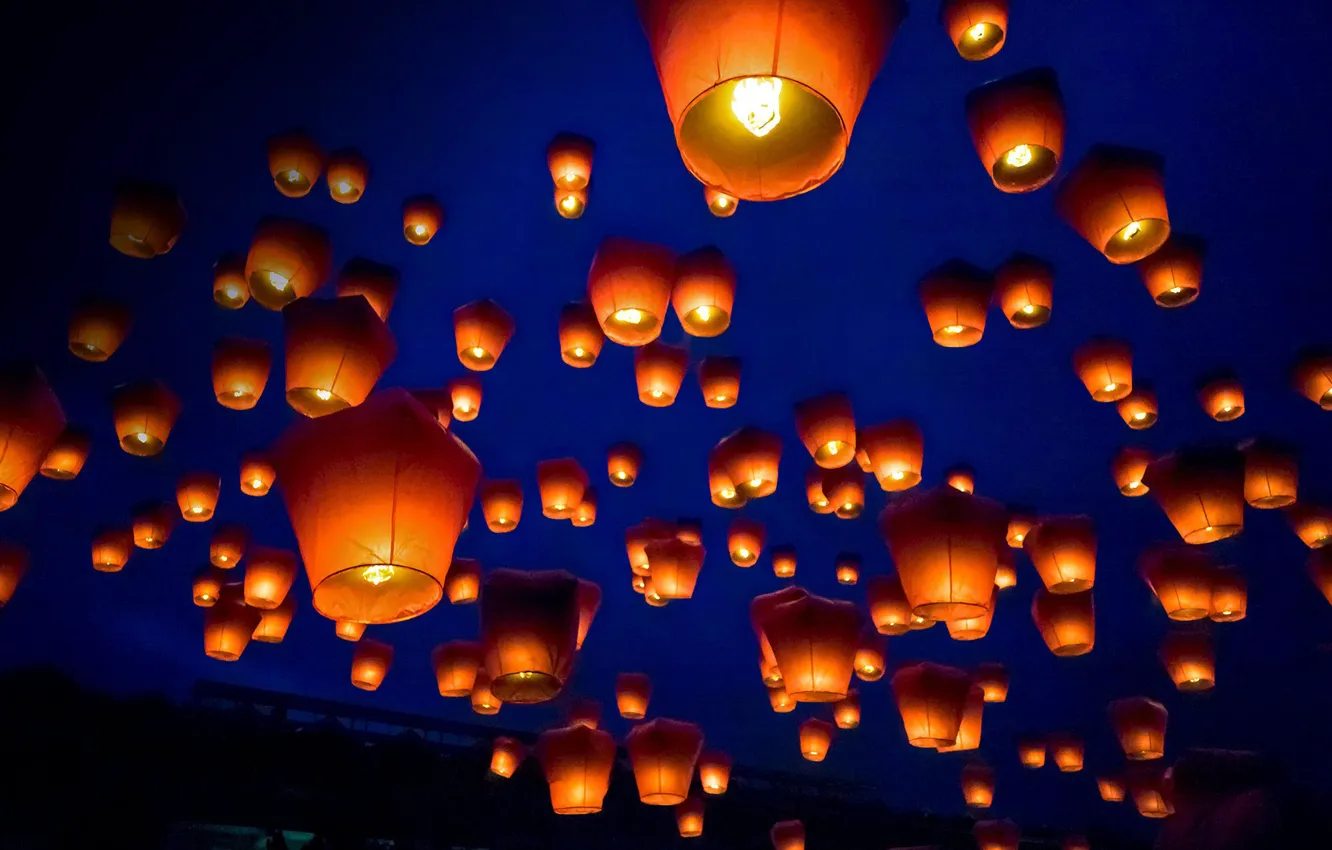Фото обои ночь, огни, Китай, Фестиваль фонариков
