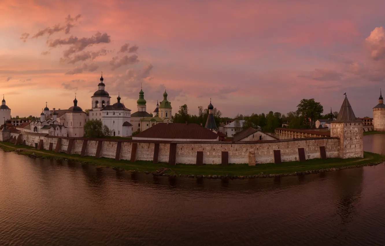 Фото обои закат, озеро, стена, Россия, монастырь, храмы, церкви, Кириллов