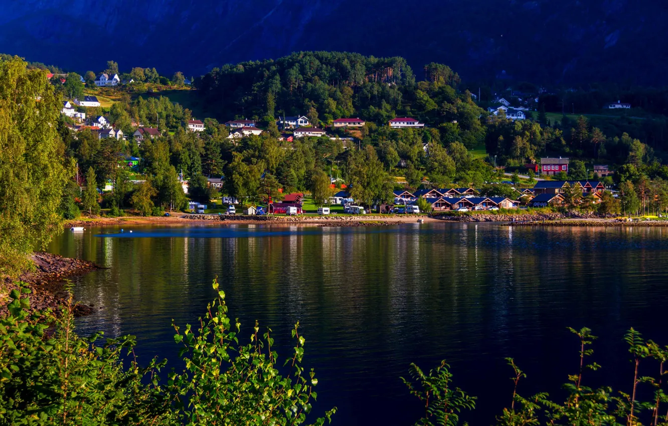Фото обои фото, Дома, Город, Деревня, Залив, Норвегия, Hardangerfjord, Kinsarvik