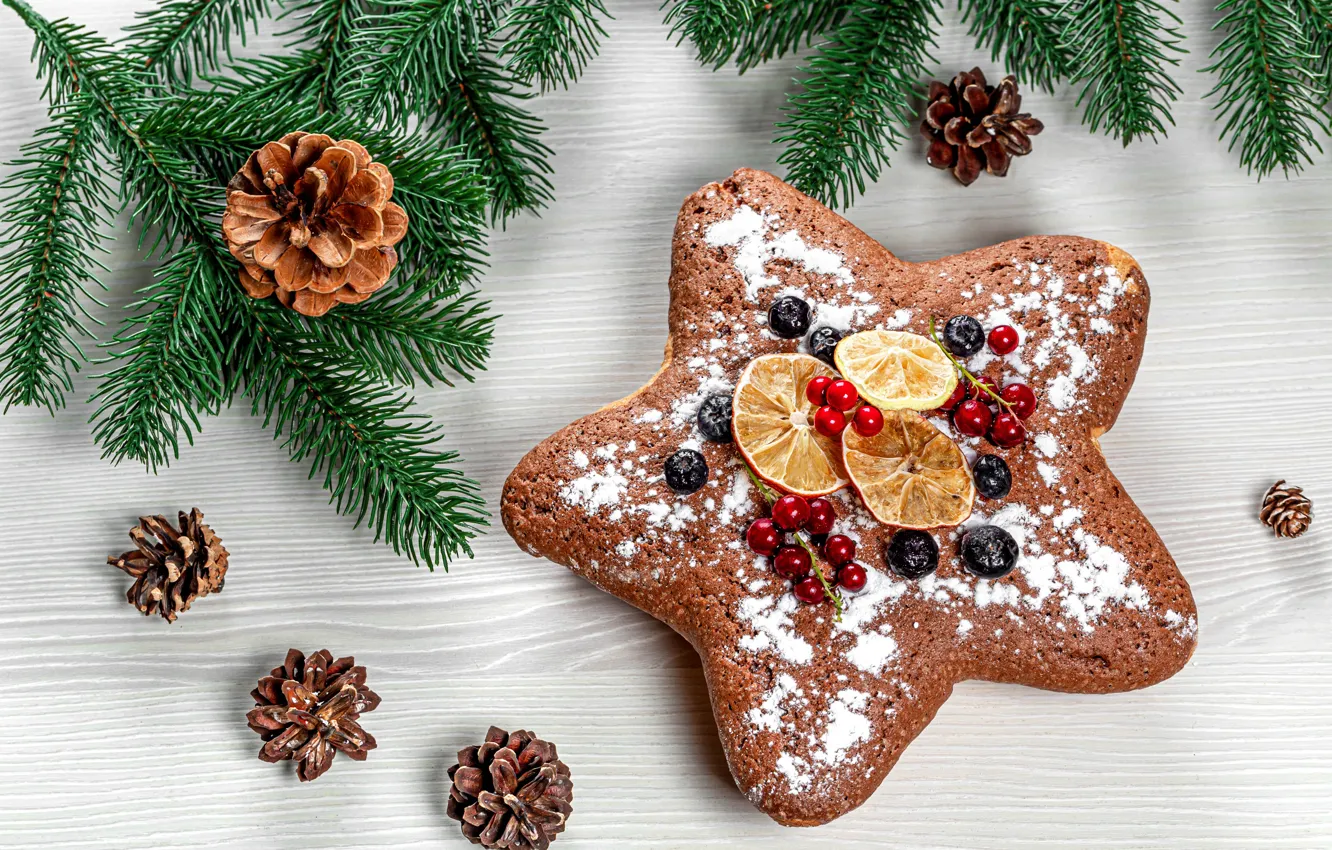 Фото обои ягоды, лимон, звезда, Рождество, Новый год, пирожное, шишки, бисквит