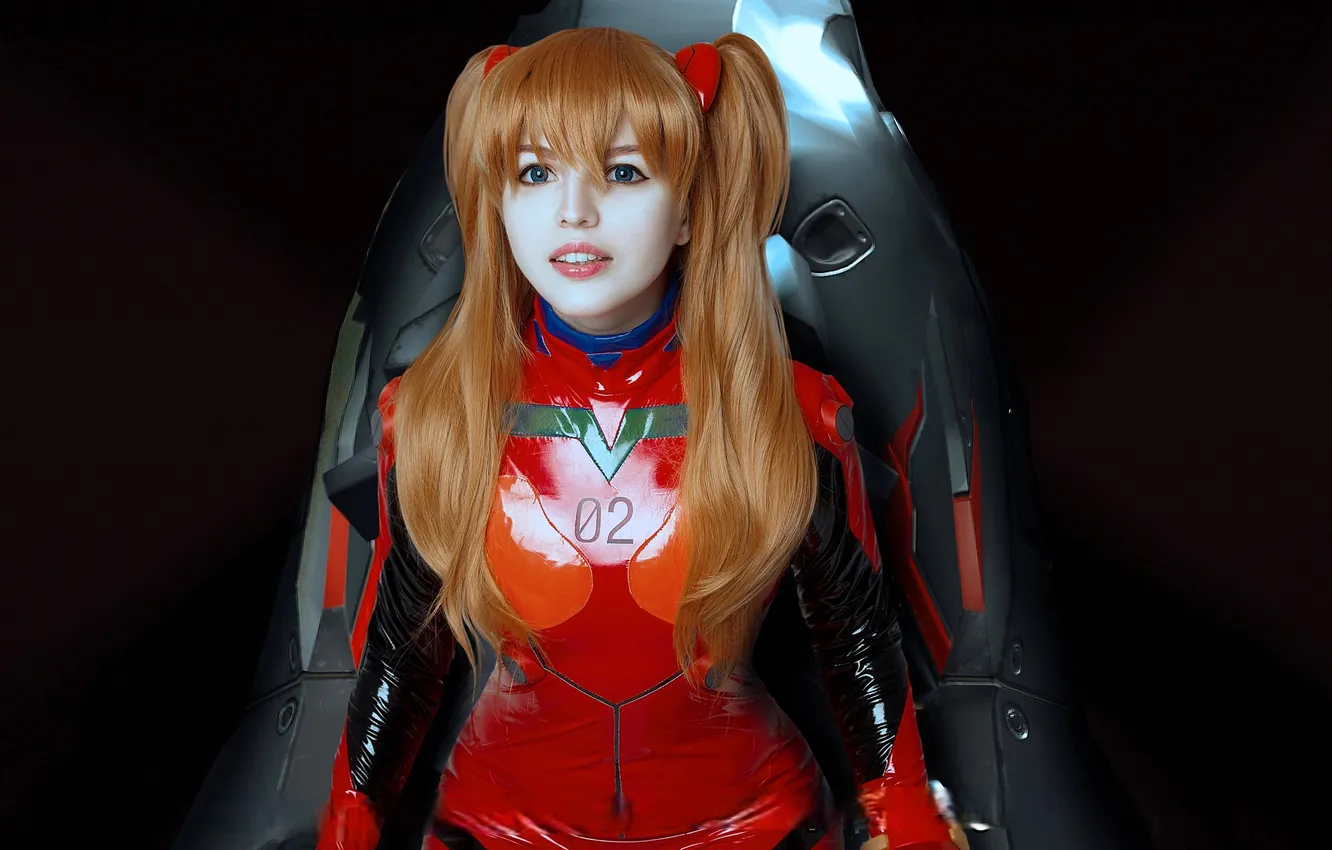 Фото обои кресло, костюм, наряд, образ, рыжая, косплей, Evangelion