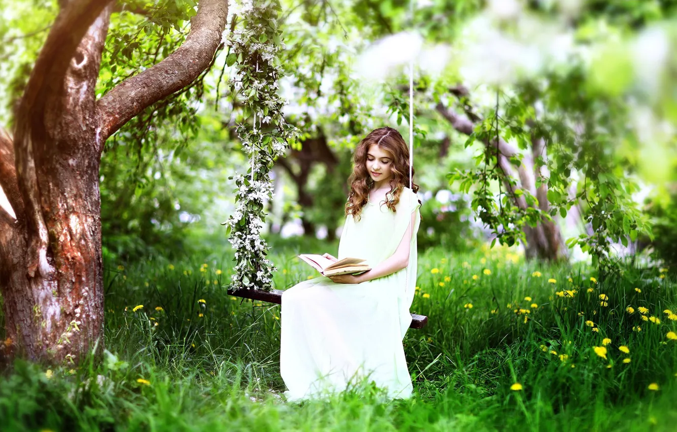 Фото обои трава, девушка, цветы, природа, дерево, весна
