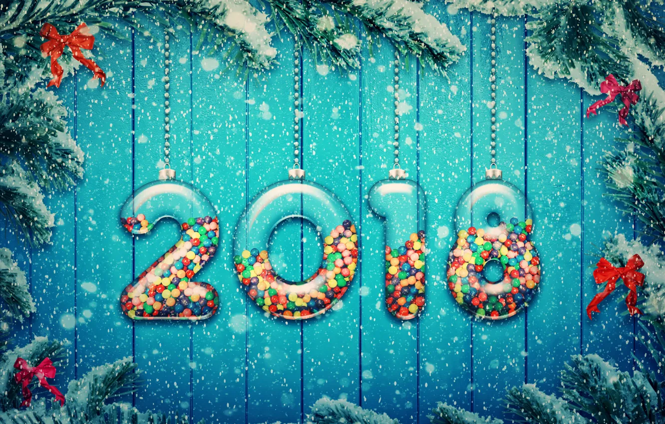 Фото обои снег, украшения, елка, Новый Год, snow, 2018, New Year, candy