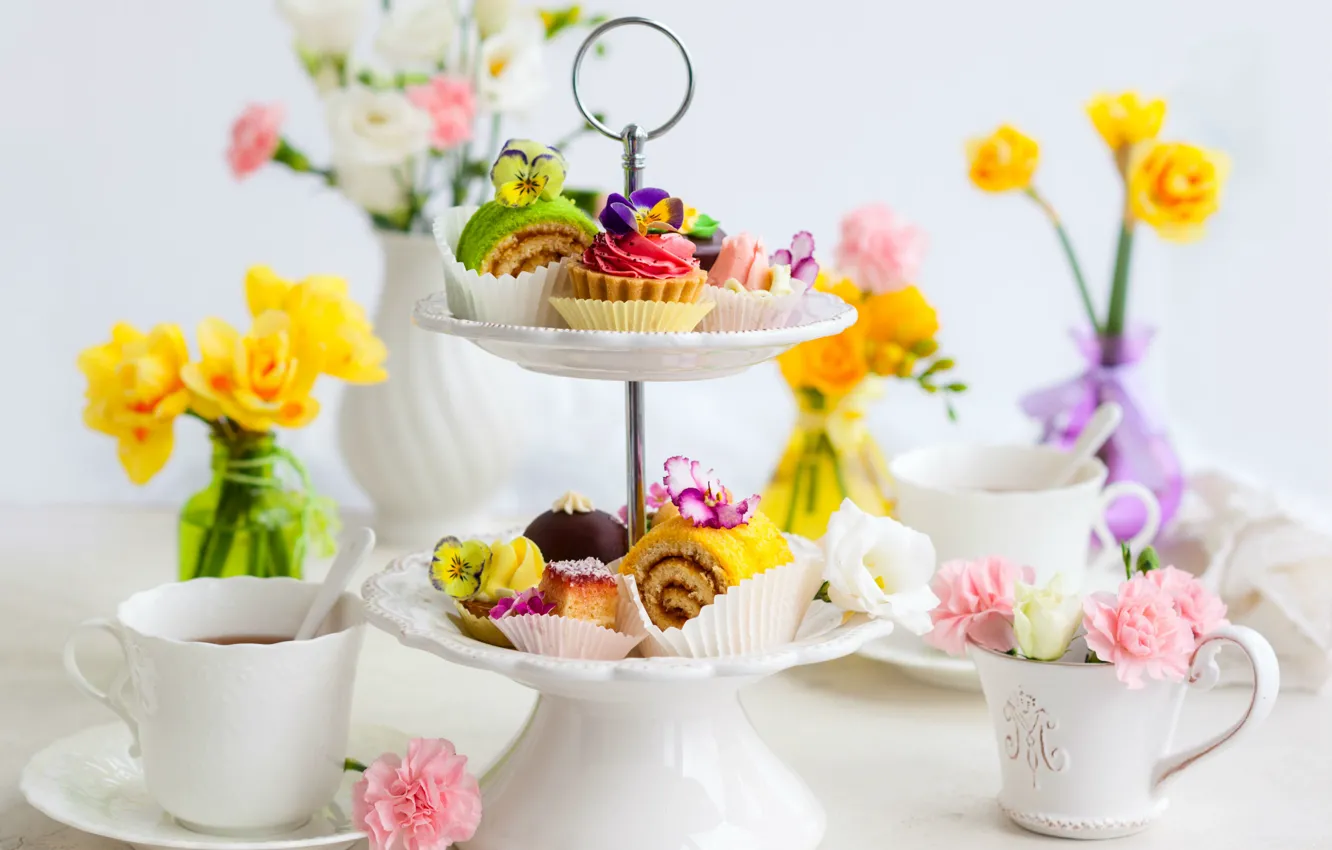 Фото обои цветы, чай, пирожные, cakes, tea, afternoon tea, послеобеденный чай
